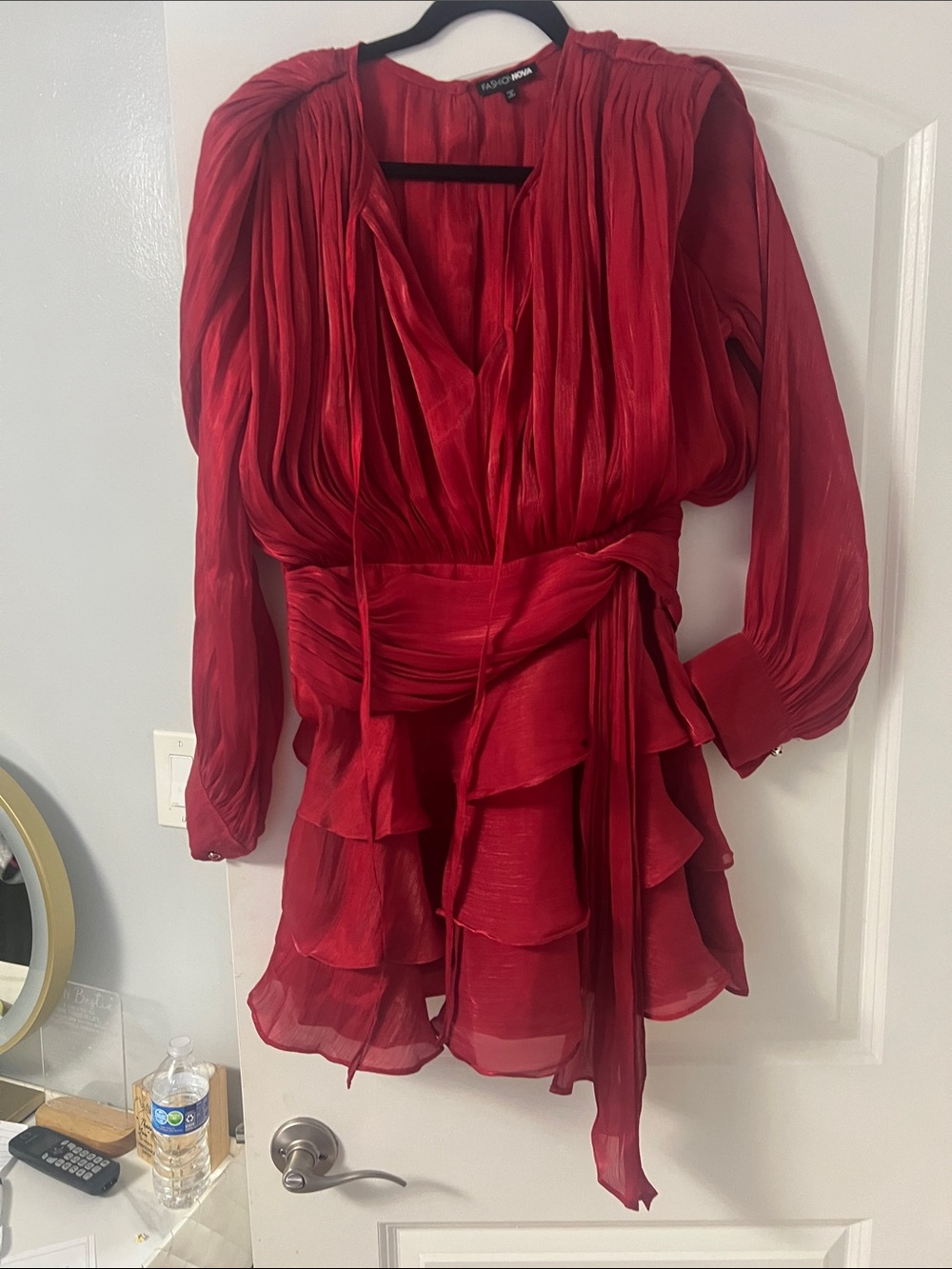 BCBG Red Tiered Ruffle V-Neck Blouse